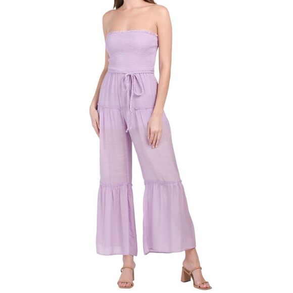 Love Tree Tiered Lavender Smocked Wide Leg Jumpsuit, M. - Picture 1 of 16